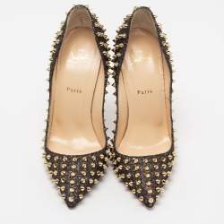 Pre Owned Christian Louboutin Black Glitter Fabric Follies Spikes Pumps Size 41
