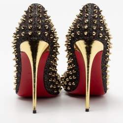 Pre Owned Christian Louboutin Black Glitter Fabric Follies Spikes Pumps Size 41