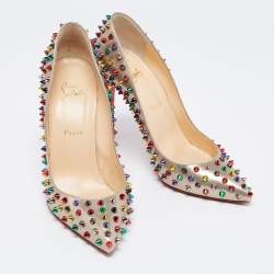 Pre Owned Christian Louboutin Grey Leather Follies Spikes Pumps Size 41