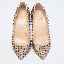 Pre Owned Christian Louboutin Grey Leather Follies Spikes Pumps Size 41
