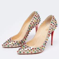 Pre Owned Christian Louboutin Grey Leather Follies Spikes Pumps Size 41