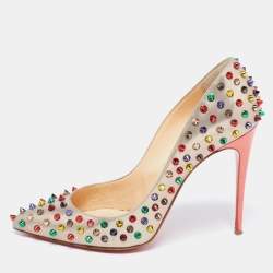 Pre Owned Christian Louboutin Grey Leather Follies Spikes Pumps Size 41