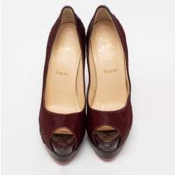 Christian Louboutin Burgundy Calf Hair Altadama Astrakhan Peep Toe Pumps Size 41