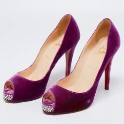 Christian Louboutin Magenta Velvet Very Prive Crystal Peep-Toe Pumps Size 40.5