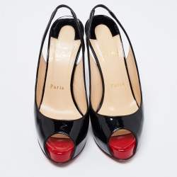 Pre Owned Christian Louboutin Black Patent Leather Private Number Slingback Sandals Size 36.5