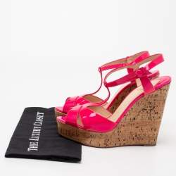 مملوكة مسبقًا Christian Louboutin Pink Patent Leather Marina Cork Wedge Platform Sandals Size 41