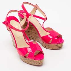 مملوكة مسبقًا Christian Louboutin Pink Patent Leather Marina Cork Wedge Platform Sandals Size 41