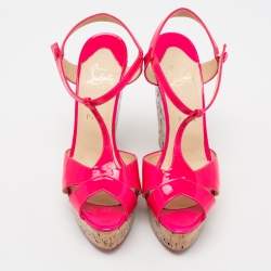 مملوكة مسبقًا Christian Louboutin Pink Patent Leather Marina Cork Wedge Platform Sandals Size 41
