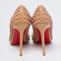 Pre Owned Christian Louboutin Beige Patent Leather Pigalle Spikes Pumps Size 38