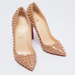 Pre Owned Christian Louboutin Beige Patent Leather Pigalle Spikes Pumps Size 38