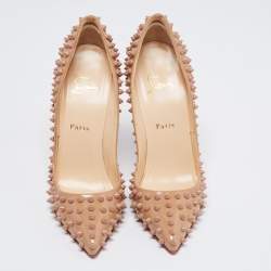 Pre Owned Christian Louboutin Beige Patent Leather Pigalle Spikes Pumps Size 38