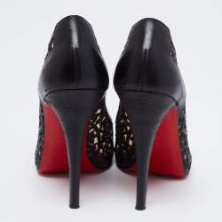 Pre Owned Christian Louboutin Black Laser Cut Leather and Mesh Pampas Peep -Toe Pumps Size 38