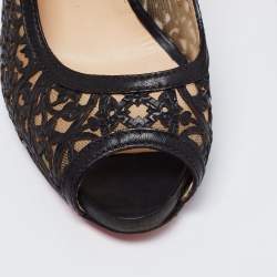 Pre Owned Christian Louboutin Black Laser Cut Leather and Mesh Pampas Peep -Toe Pumps Size 38