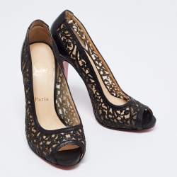 Pre Owned Christian Louboutin Black Laser Cut Leather and Mesh Pampas Peep -Toe Pumps Size 38