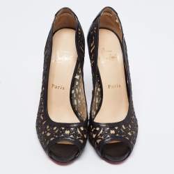 Pre Owned Christian Louboutin Black Laser Cut Leather and Mesh Pampas Peep -Toe Pumps Size 38