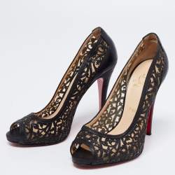 Pre Owned Christian Louboutin Black Laser Cut Leather and Mesh Pampas Peep -Toe Pumps Size 38