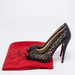 Pre Owned Christian Louboutin Black Laser Cut Leather and Mesh Pampas Peep -Toe Pumps Size 38