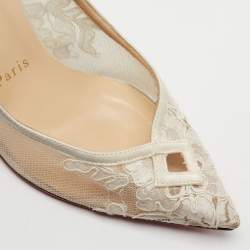 Pre Owned Christian Louboutin White Satin And Lace Neoalto Pointed Toe Pumps Size 38
