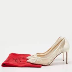 Pre Owned Christian Louboutin White Satin And Lace Neoalto Pointed Toe Pumps Size 38