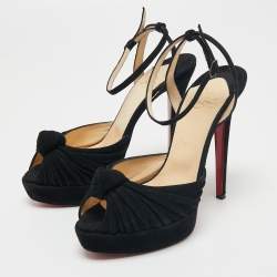 Pre Owned Christian Louboutin Black Suede Knotted Greissimo Platform Ankle Strap Sandals Size 38.5