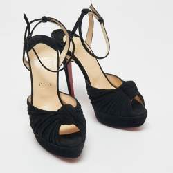 Pre Owned Christian Louboutin Black Suede Knotted Greissimo Platform Ankle Strap Sandals Size 38.5