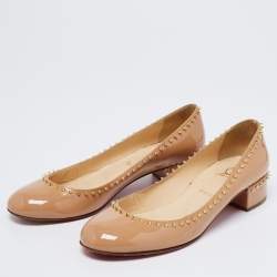 Pre Owned Christian Louboutin Beige Patent Leather Treliliane Spike Pumps Size 38
