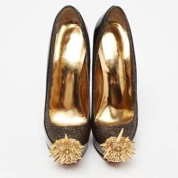 Pre Owned Christian Louboutin Black/Gold Patent Leather And Lamé Fabric Asteroid Spike Platform Pumps Size 38