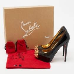 Pre Owned Christian Louboutin Black/Gold Patent Leather And Lamé Fabric Asteroid Spike Platform Pumps Size 38