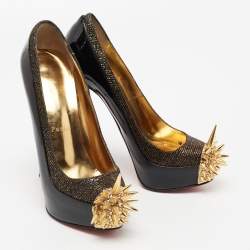 Pre Owned Christian Louboutin Black/Gold Patent Leather And Lamé Fabric Asteroid Spike Platform Pumps Size 38