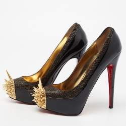 Pre Owned Christian Louboutin Black/Gold Patent Leather And Lamé Fabric Asteroid Spike Platform Pumps Size 38