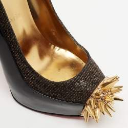 Pre Owned Christian Louboutin Black/Gold Patent Leather And Lamé Fabric Asteroid Spike Platform Pumps Size 38
