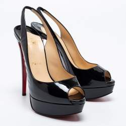 Pre Owned حذاء كعب عالي كريستيان لوبوتان  ليدي جلد أسود لامع بنعل سميك ومقدمة مفتوحة مقاس 38