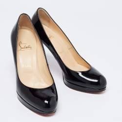 Pre Owned حذاء كعب عالي كريستيان لوبوتان نيو سيمبل جلد أسود لامع نعل سميك مقاس 37