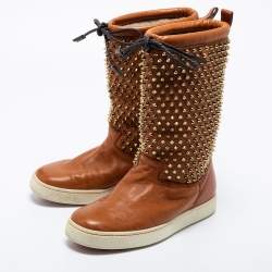 Pre Owned Christian Louboutin Tan Leather Surlapony Spikes Mid Calf Sneaker Boots Size 38