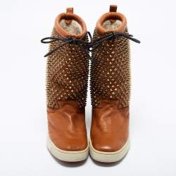 Pre Owned Christian Louboutin Tan Leather Surlapony Spikes Mid Calf Sneaker Boots Size 38