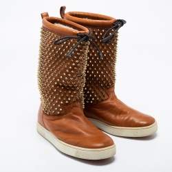 Pre Owned Christian Louboutin Tan Leather Surlapony Spikes Mid Calf Sneaker Boots Size 38