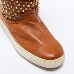 Pre Owned Christian Louboutin Tan Leather Surlapony Spikes Mid Calf Sneaker Boots Size 38
