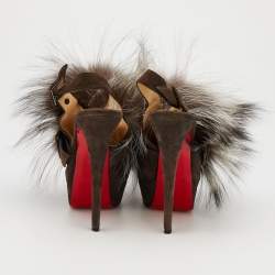 مملوكة مسبقًا Christian Louboutin Brown Suede Splash Fur Platform Slingback Sandals Size 37.5