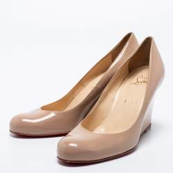 Pre Owned Christian Louboutin Beige Patent Leather RonRon Zeppa Wedge Pumps Size 38