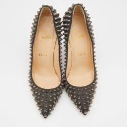 Pre Owned Christian Louboutin Black Denim Pigalle Follies Spikes Pointed Toe Pumps Size 38.5