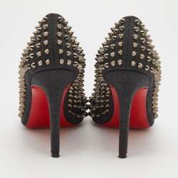 Pre Owned Christian Louboutin Black Denim Pigalle Follies Spikes Pointed Toe Pumps Size 38.5