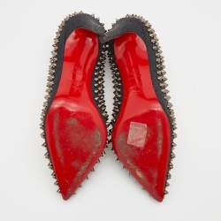 Pre Owned Christian Louboutin Black Denim Pigalle Follies Spikes Pointed Toe Pumps Size 38.5