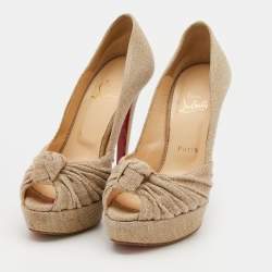 مملوكة مسبقًا Christian Louboutin Beige Jute Fabric Jenny Platform Knot Peep Toe Pumps Size 38