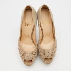 مملوكة مسبقًا Christian Louboutin Beige Jute Fabric Jenny Platform Knot Peep Toe Pumps Size 38