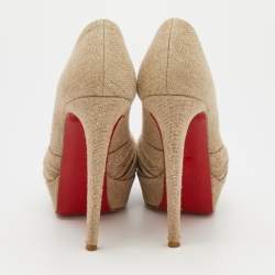 مملوكة مسبقًا Christian Louboutin Beige Jute Fabric Jenny Platform Knot Peep Toe Pumps Size 38