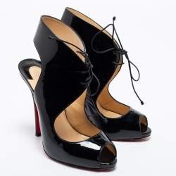 Pre Owned Christian Louboutin Black Patent Leather Allegra Peep-Toe Sandals Size 38.5