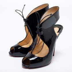 Pre Owned Christian Louboutin Black Patent Leather Allegra Peep-Toe Sandals Size 38.5