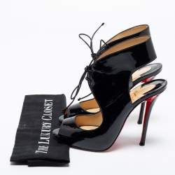 Pre Owned Christian Louboutin Black Patent Leather Allegra Peep-Toe Sandals Size 38.5