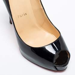 Pre Owned Christian Louboutin Black Patent Leather Very Prive Peep-Toe Pumps Size 38.5