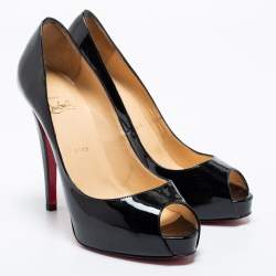 Pre Owned Christian Louboutin Black Patent Leather Very Prive Peep-Toe Pumps Size 38.5